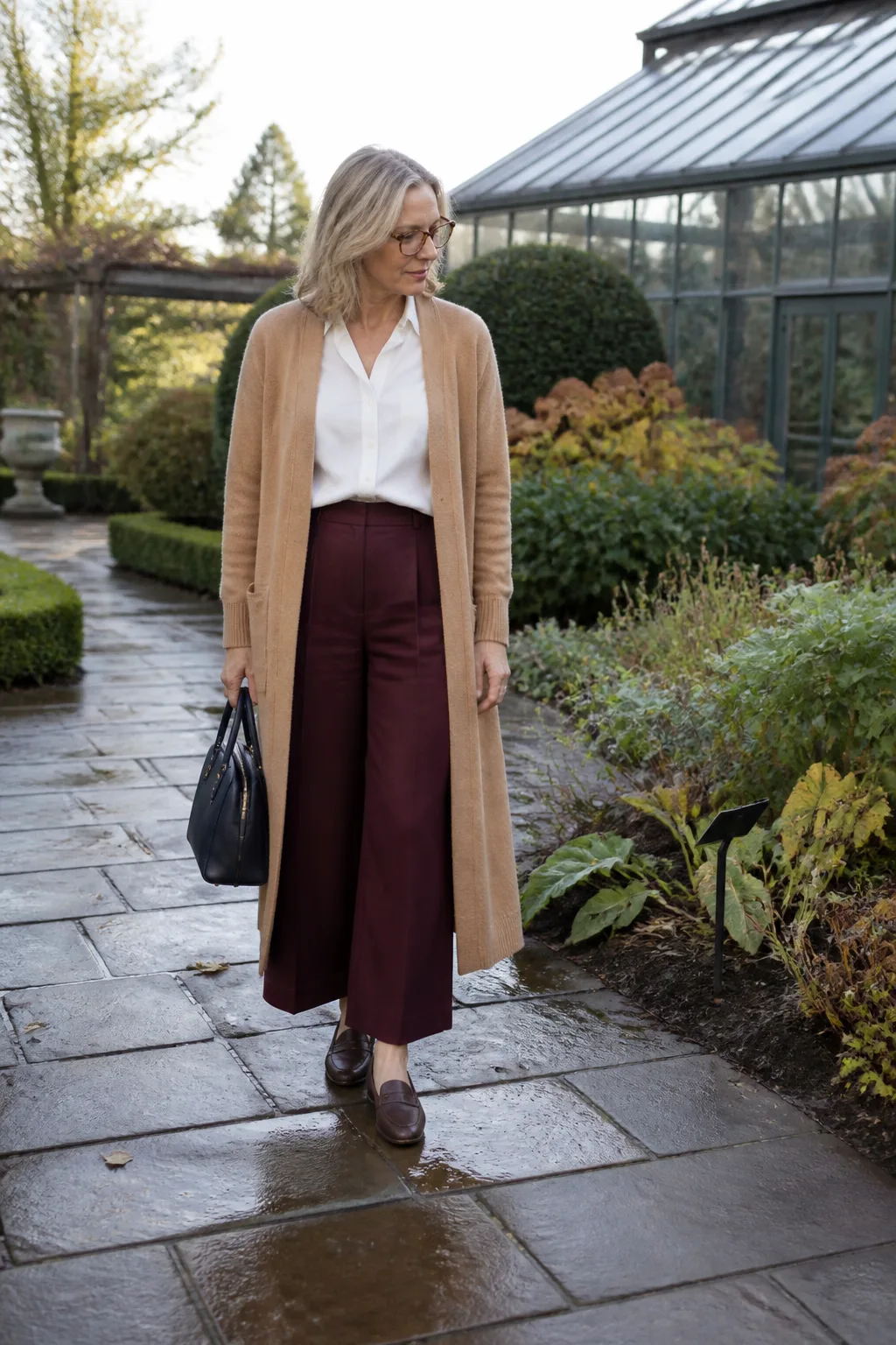 Camel Cardigan with Burgundy Culottes