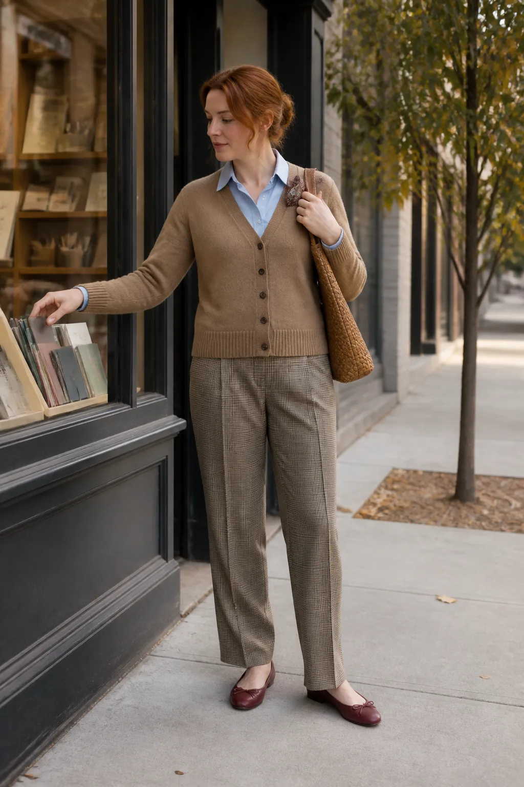 Camel Cardigan with Plaid Trousers and Ballet Flats