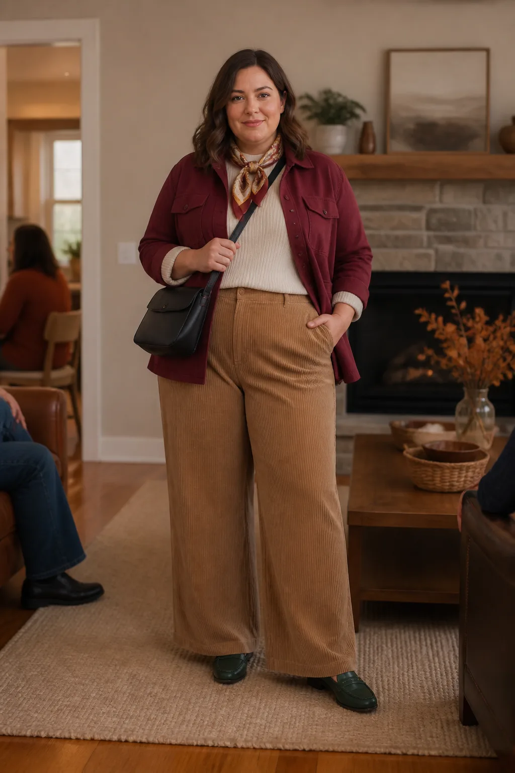 Camel Corduroy Trousers with Cranberry Shacket