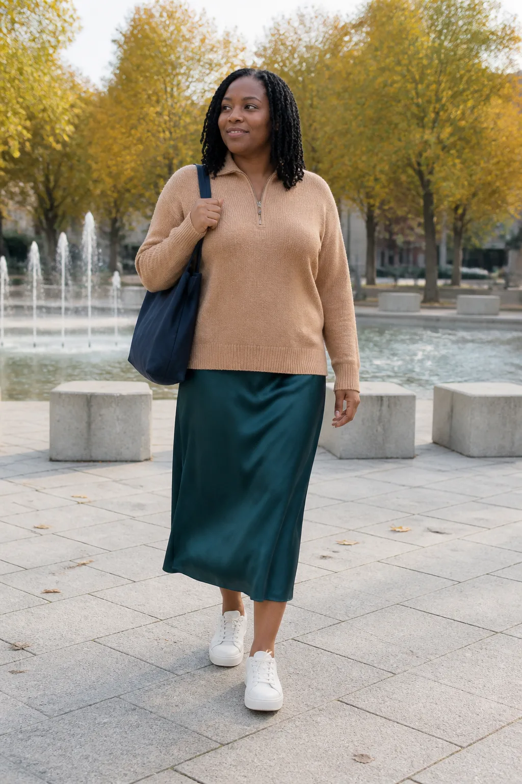 Camel Half-Zip with a Satin Midi Skirt