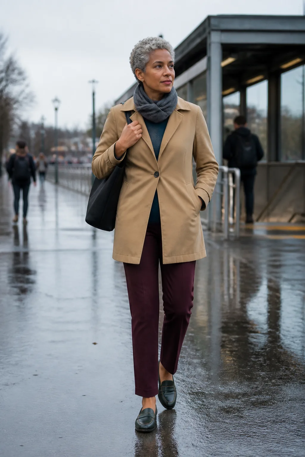 Camel Mac Coat, Teal Knit, and Burgundy Trousers