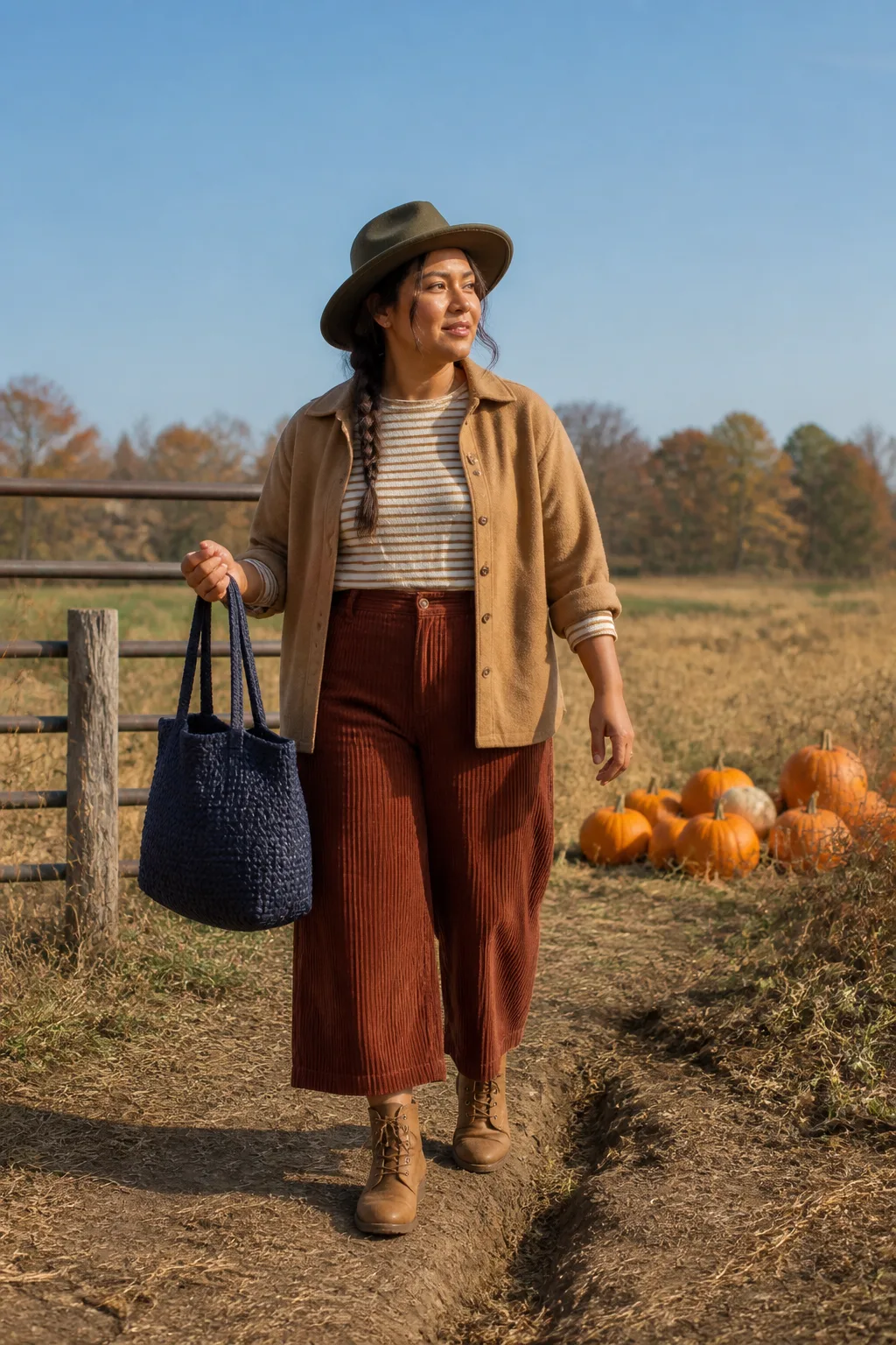 Camel Shacket, Striped Top, and Corduroy Culottes