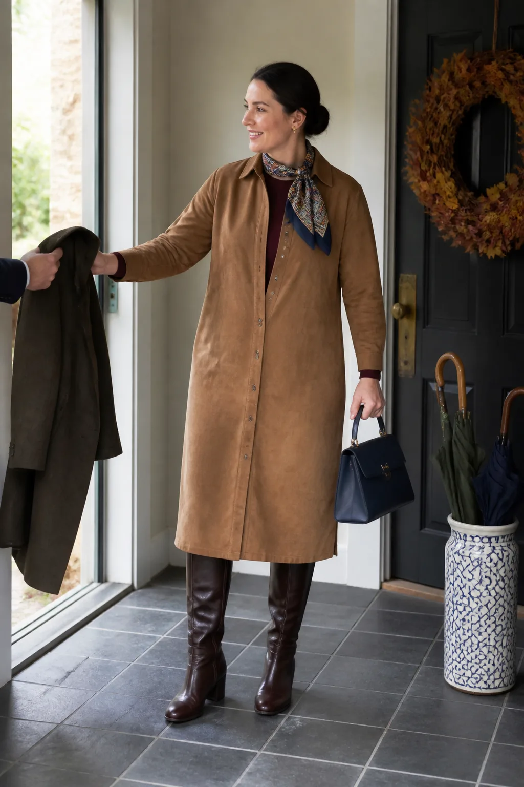 Camel Suede Dress with a Fine-Knit Layer