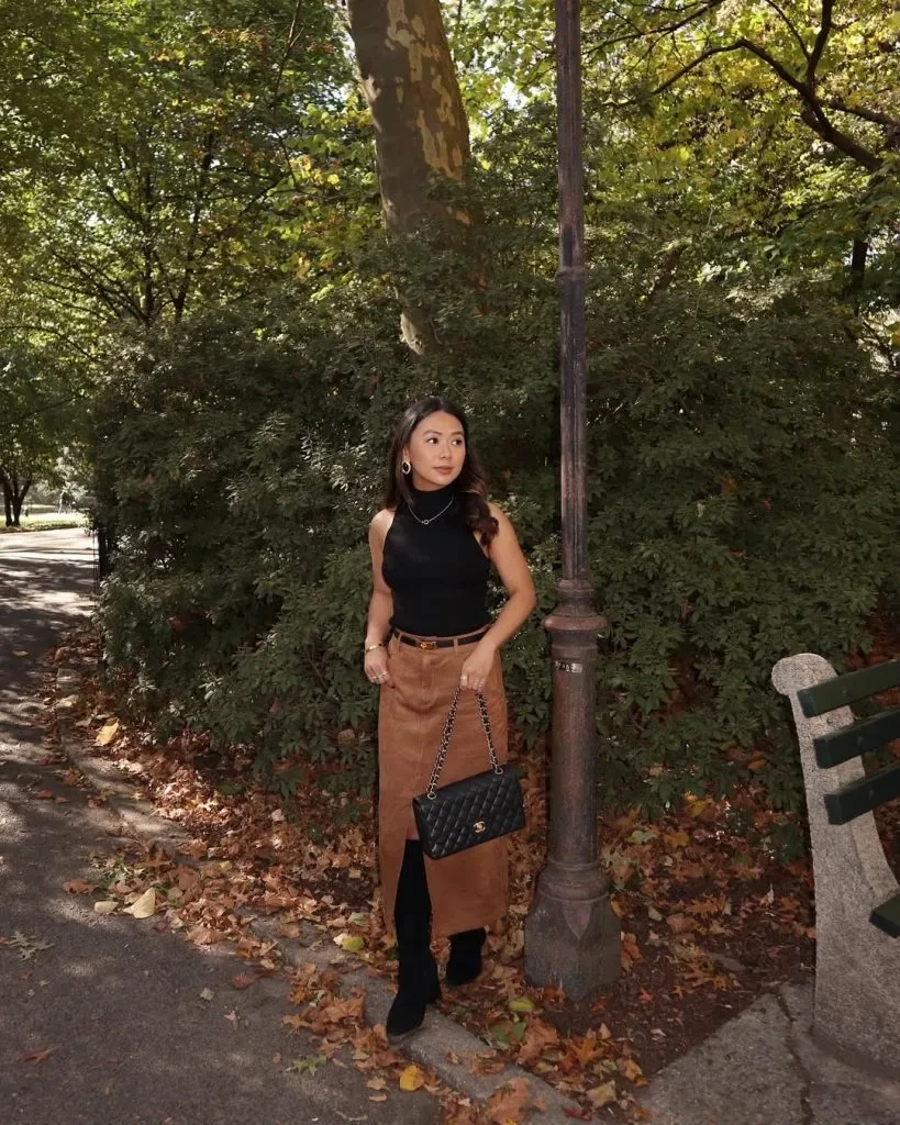 12- Camel Suede Midi Skirt with a Sleeveless Knit