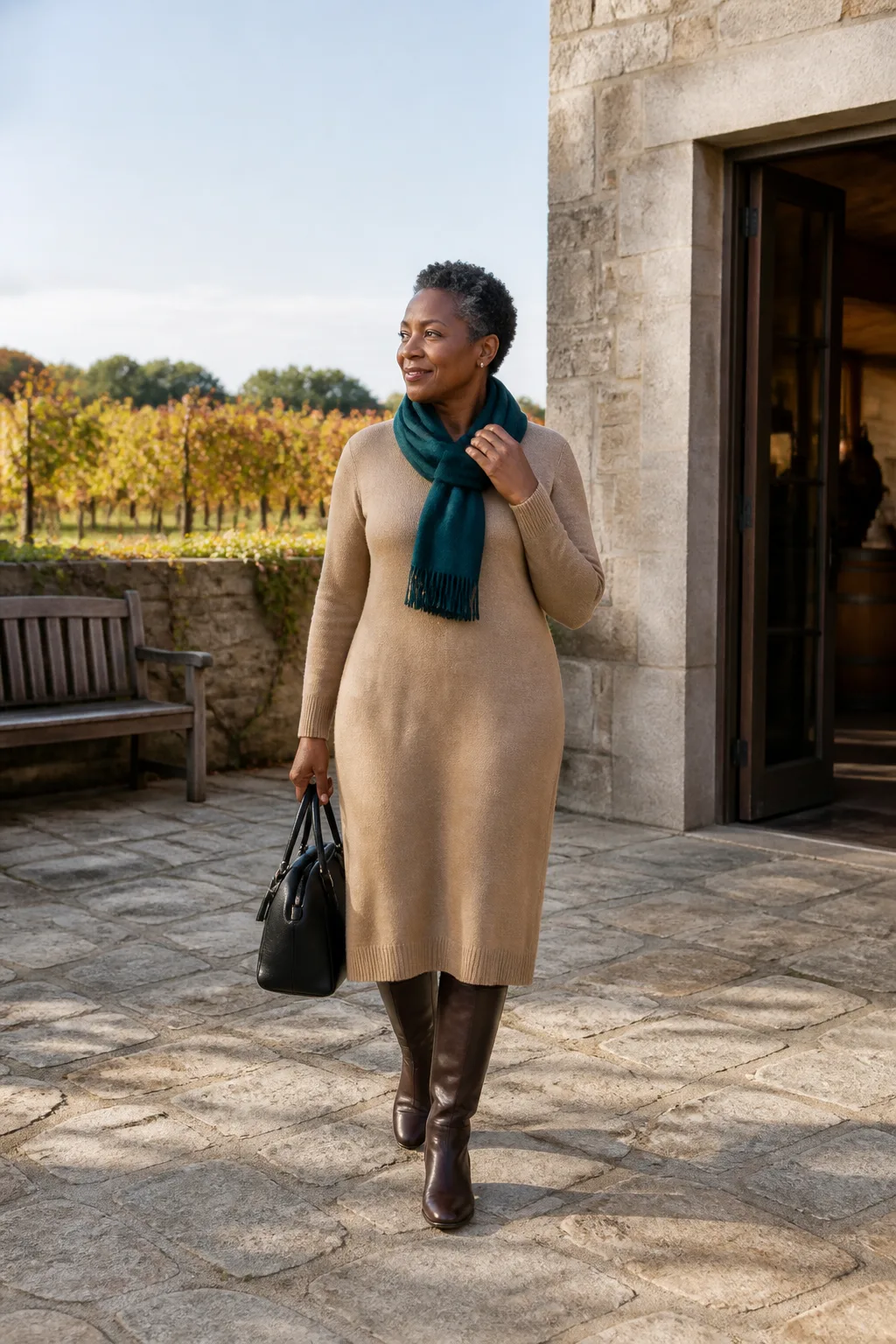 Camel Sweater Dress with Tall Boots