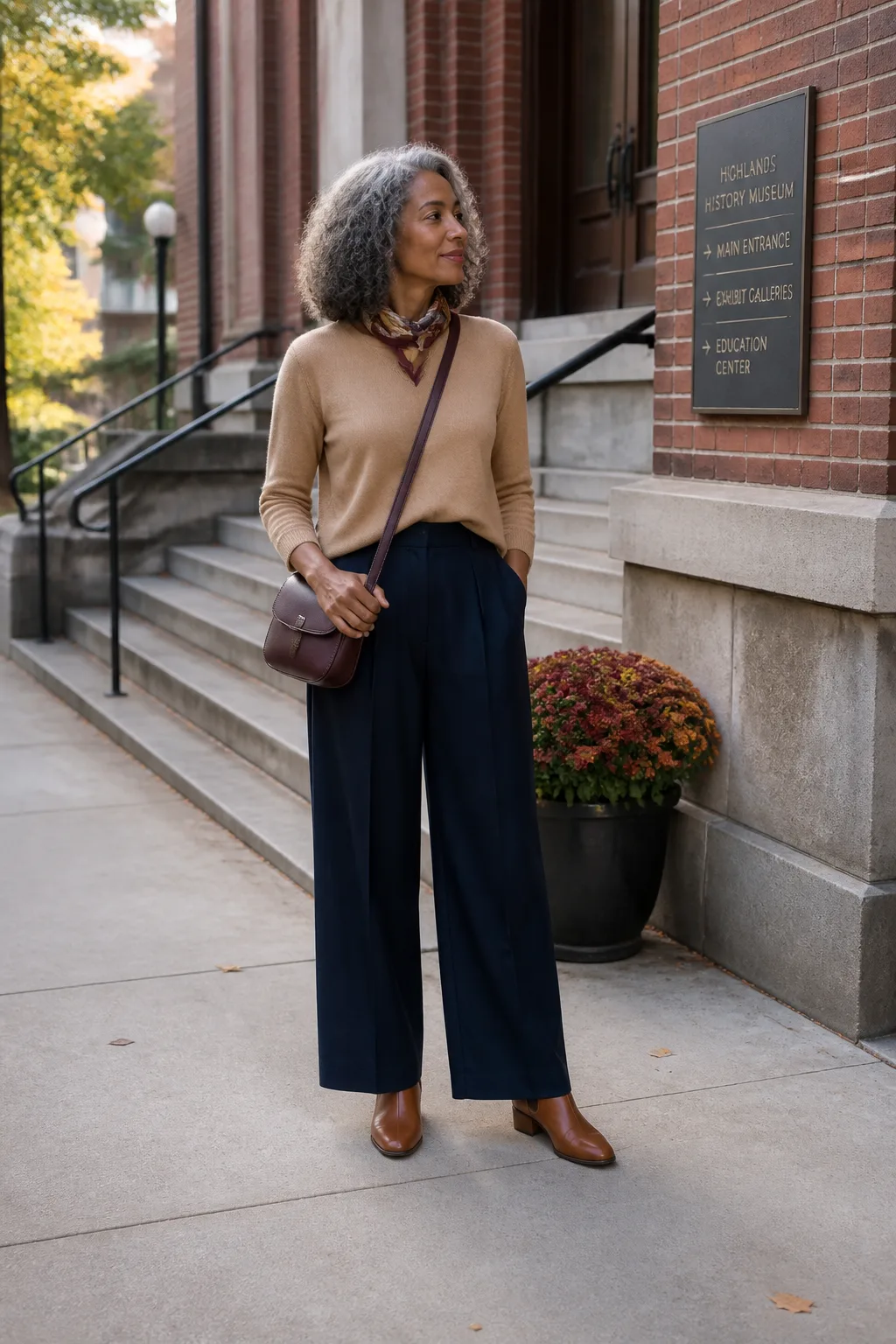 Camel Sweater, Navy Trousers, and Chelsea Boots