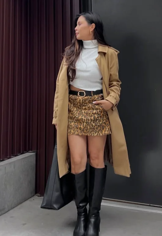 Camel Trench Coat + White Ribbed Turtleneck Sweater + Leopard Print Mini Skirt + Black Knee-High Boots