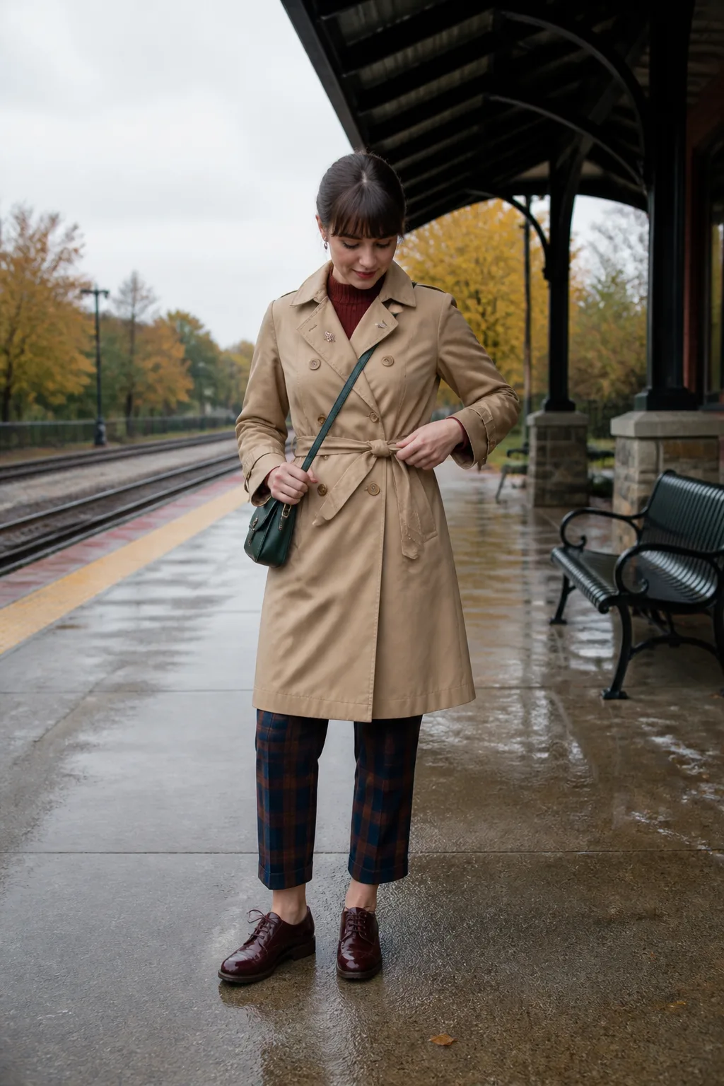 Camel Trench, Plaid Trousers, and Enamel Bird Brooch