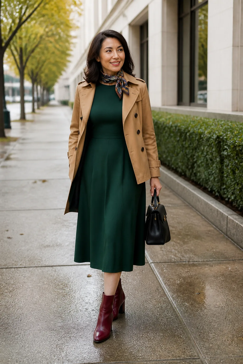 Camel Trench with Green Midi Dress