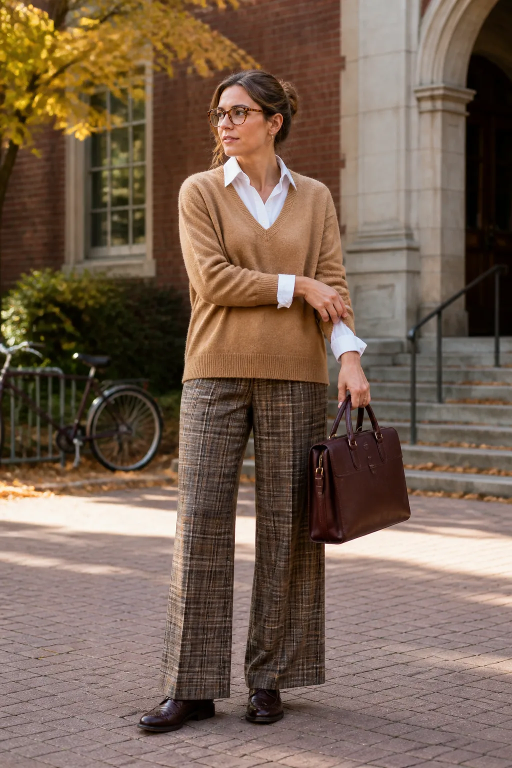 Camel V-Neck Sweater with Plaid Trousers