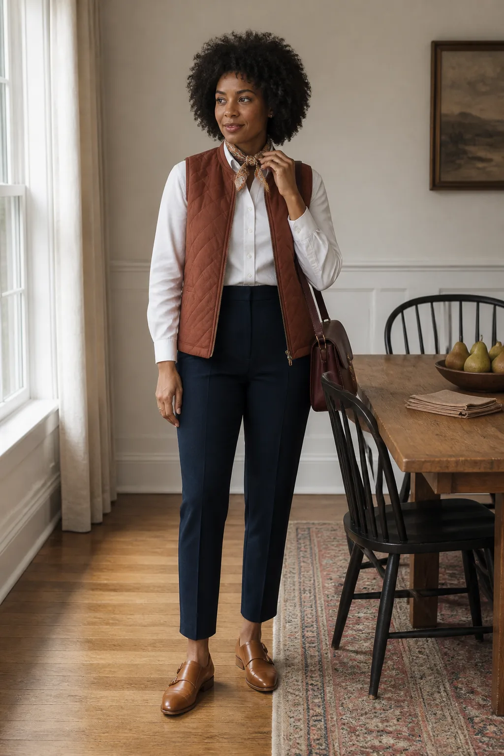 Camel Vest with Navy Wool Trousers