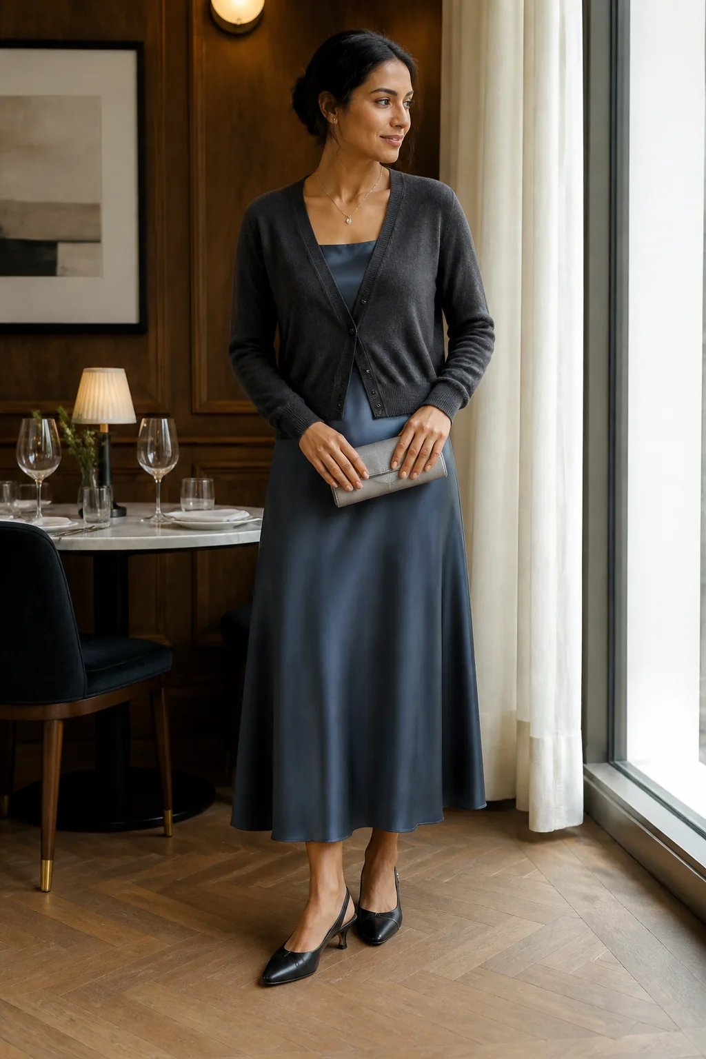Cashmere Cardigan with Satin Midi Dress