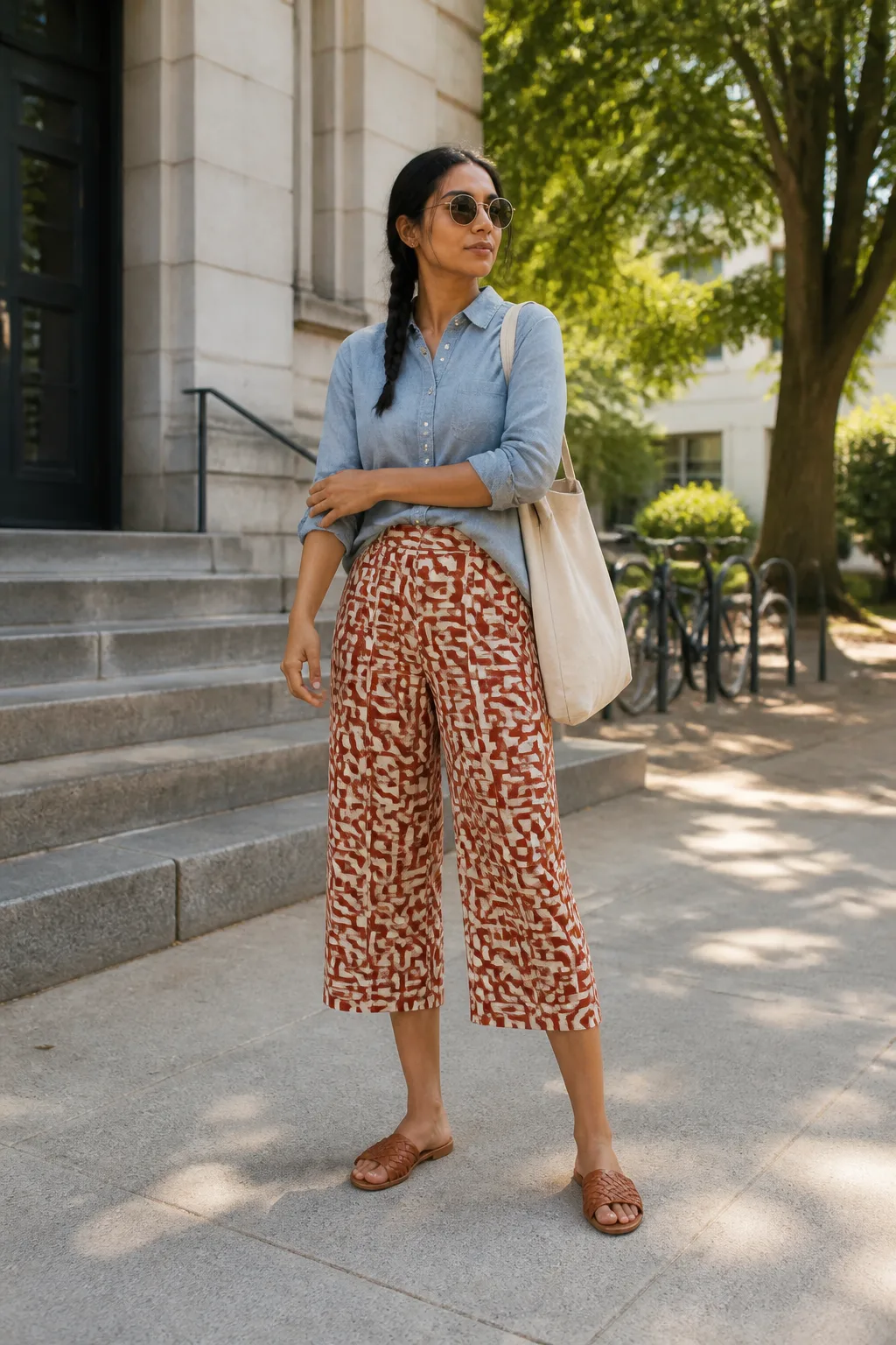 Chambray Shirt with Printed Culottes