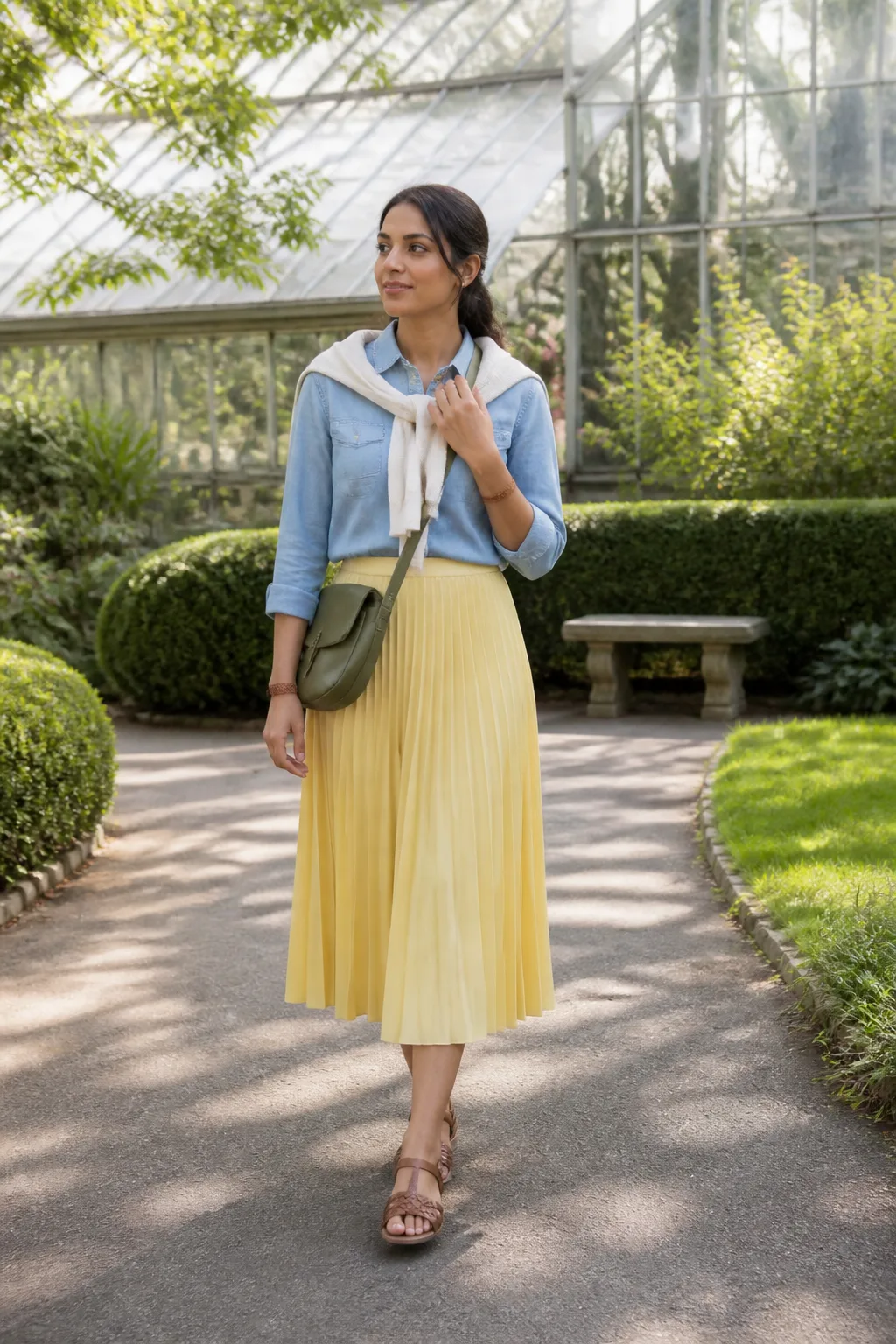 Chambray Shirt with Yellow Midi Skirt