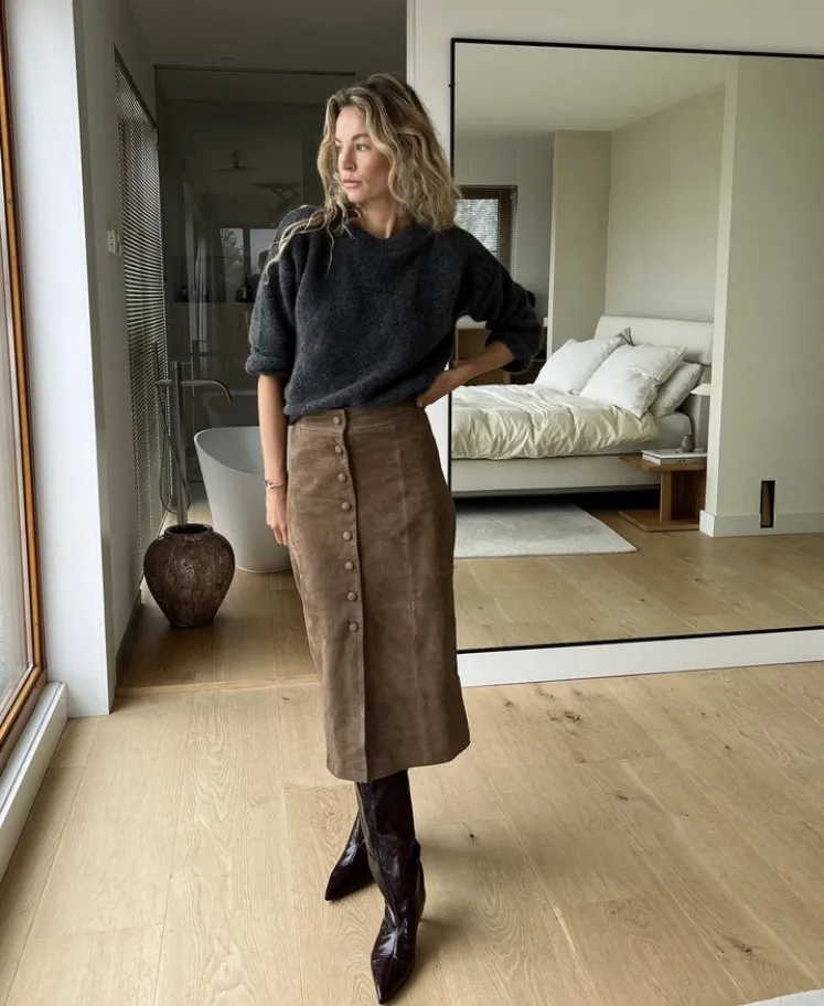 Charcoal Knit Sweater + Brown Suede Midi Skirt + Dark Brown Knee High Boots