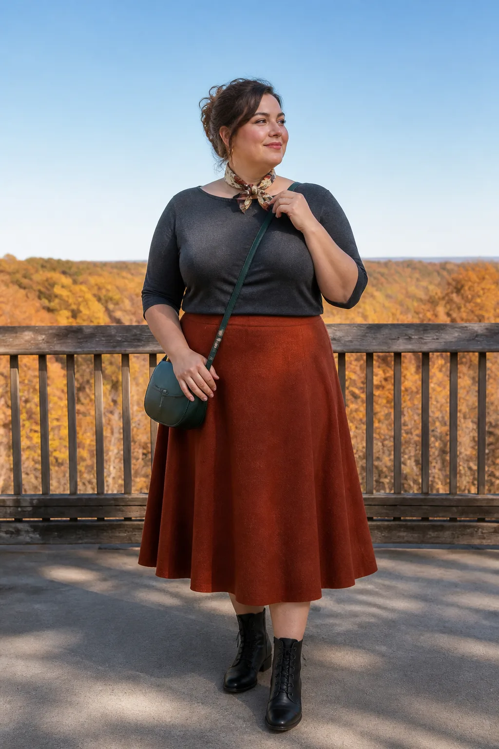 Charcoal Knit Top with Rust A-Line Skirt