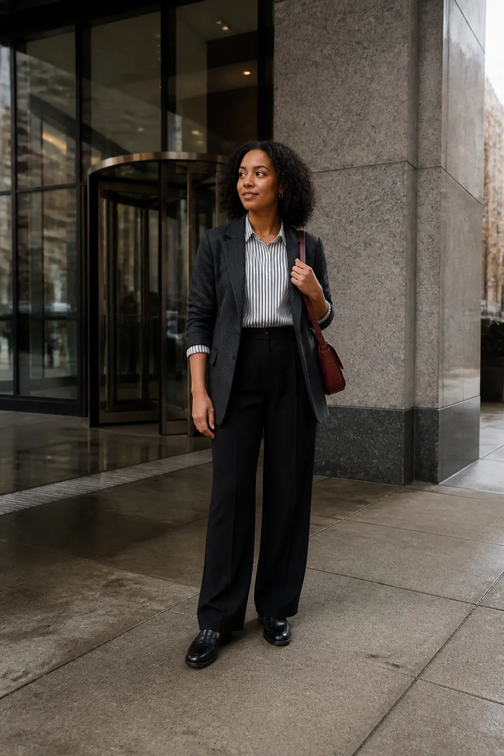 Charcoal Wool Blazer, Striped Shirt and Pleated Trousers