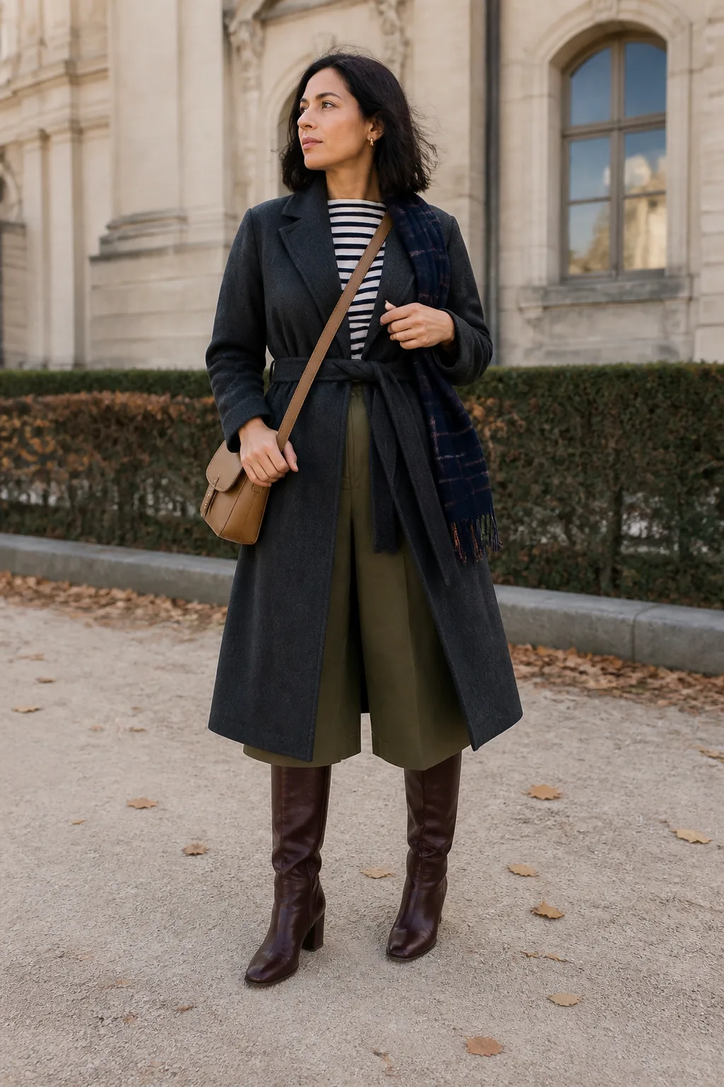 Charcoal Wrap Coat with Striped Knit and Culottes