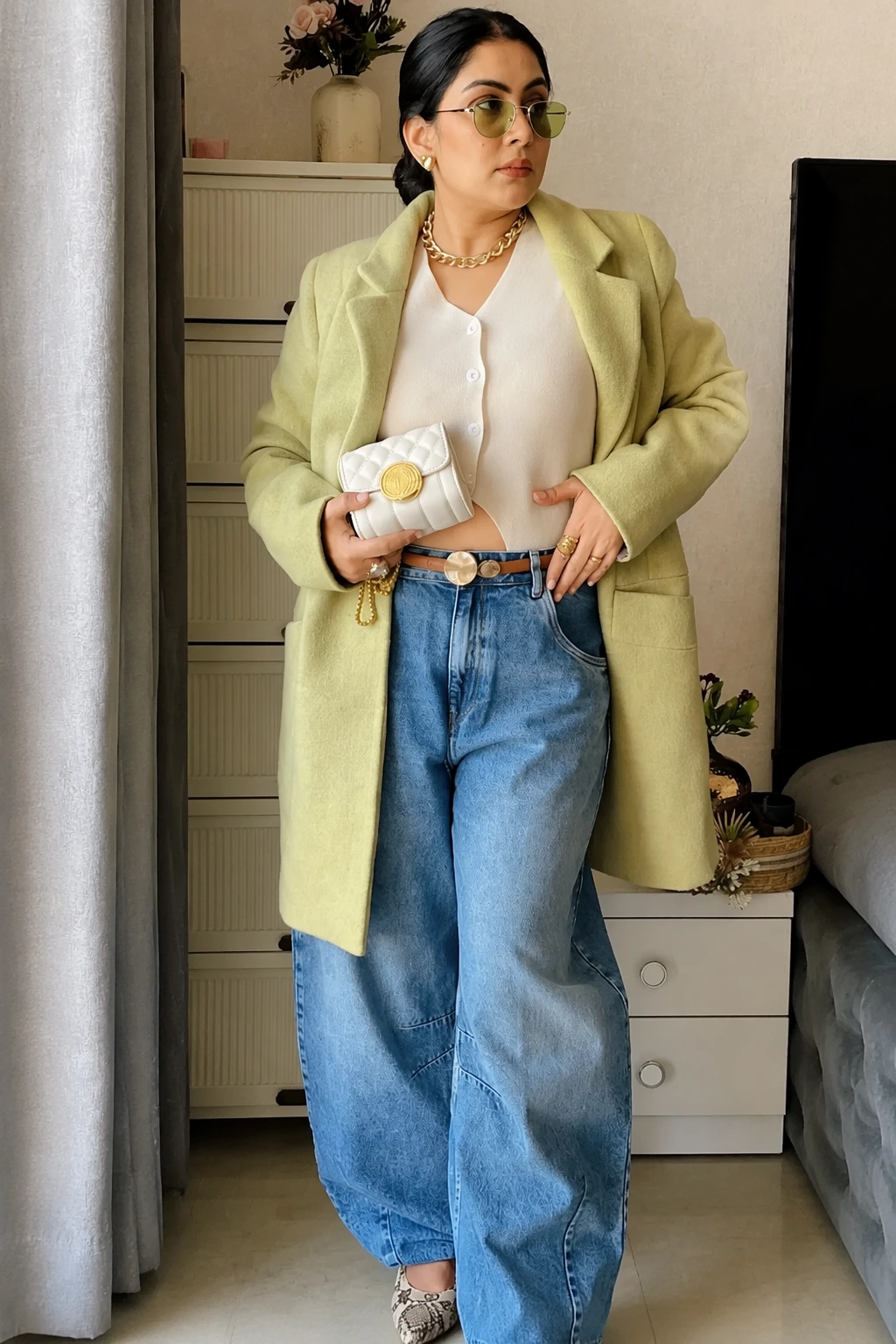 Chartreuse Coat + Cream Cardigan + Barrel Leg Jeans + Quilted Bag