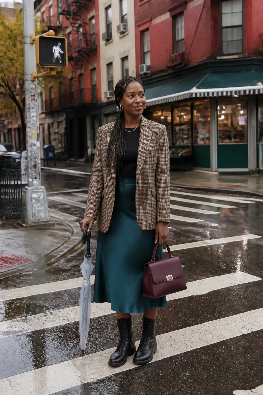 Checked Blazer, Satin Skirt and Combat Boots