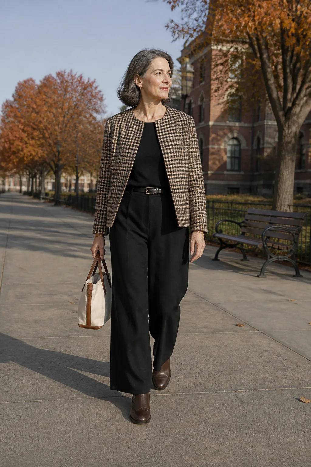 Checked Jacket with Black Wide-Leg Trousers