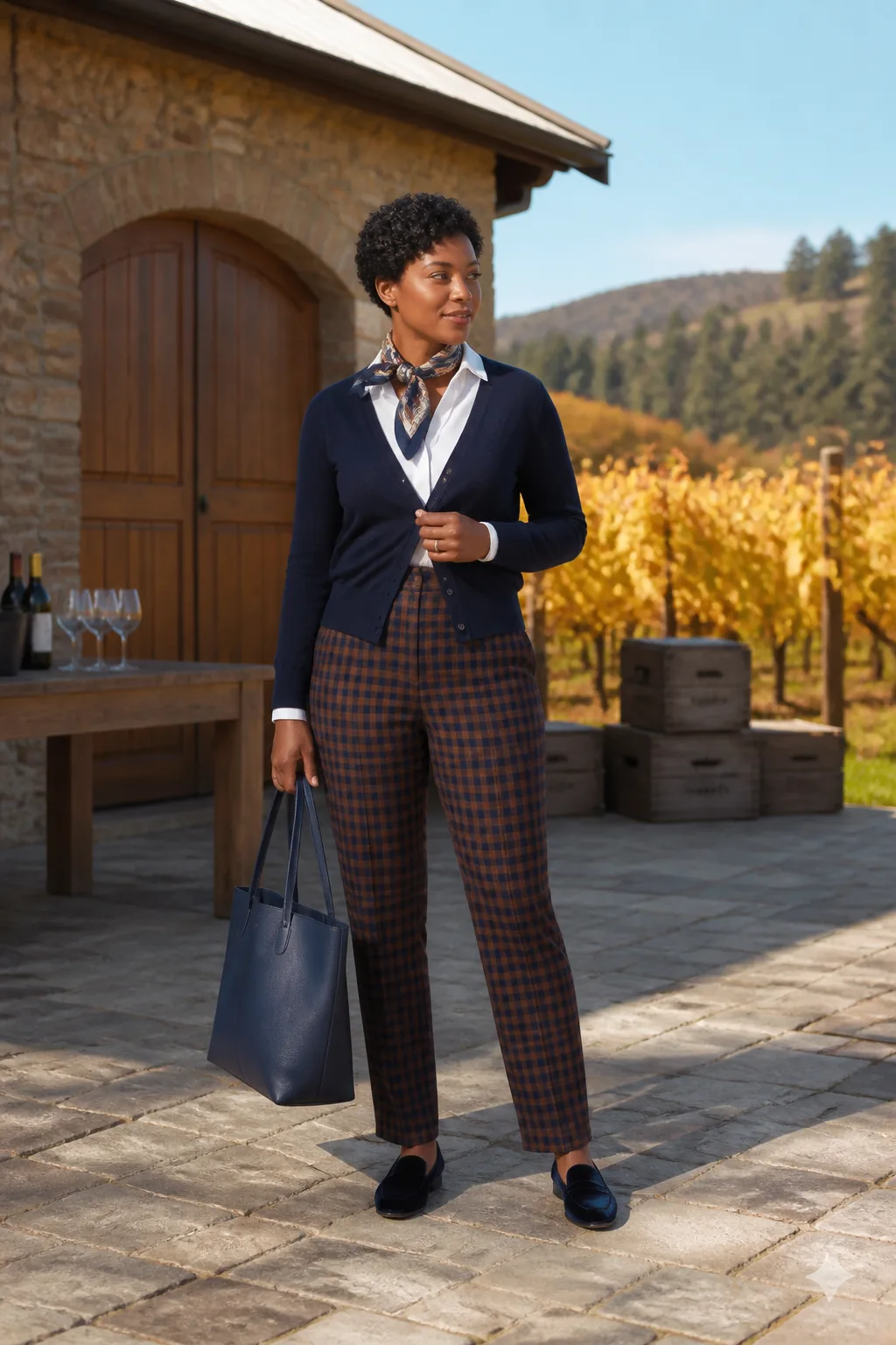 Checked Trousers with Velvet Loafers