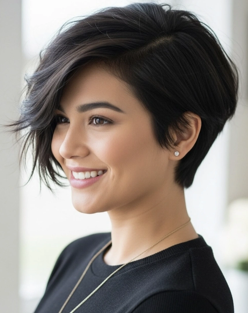 Chic Asymmetrical Bob: Dark Hair, Layered Bangs