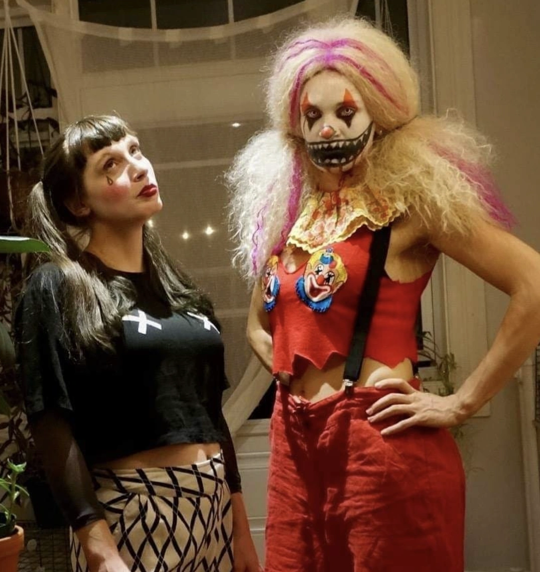 Chic Black Crop Top + Spooky Checkered Skirt + Creepy Clown Costume + Colorful Wig + Bold Makeup