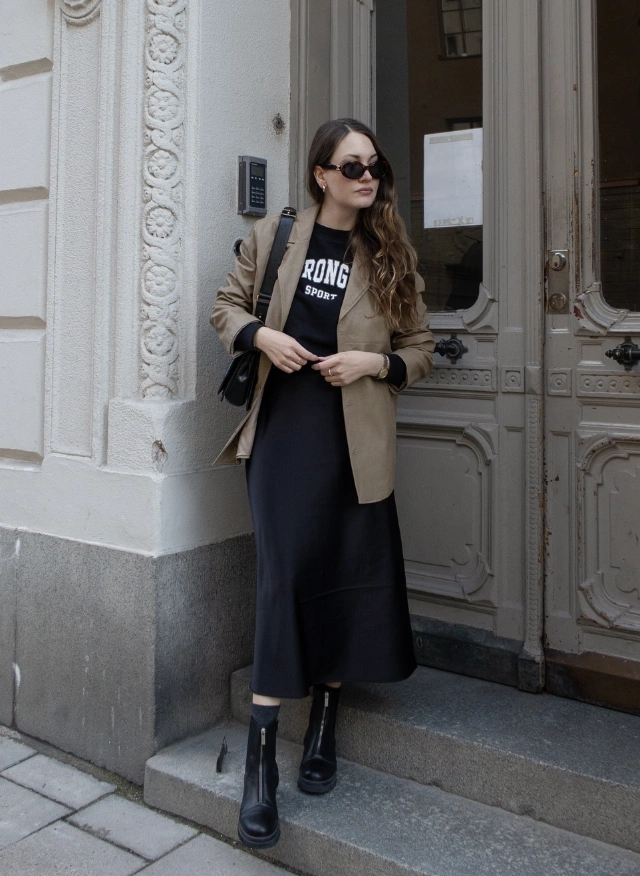 Chic Blazer + Graphic Tee + Black Midi Dress + Combat Boots