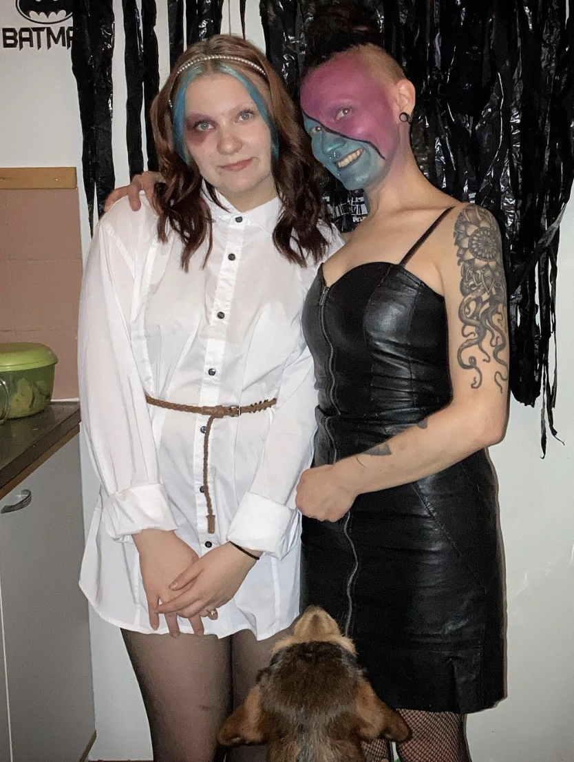 Chic White Button-Up Shirt Dress + Edgy Black Leather Dress + Colorful Face Paint