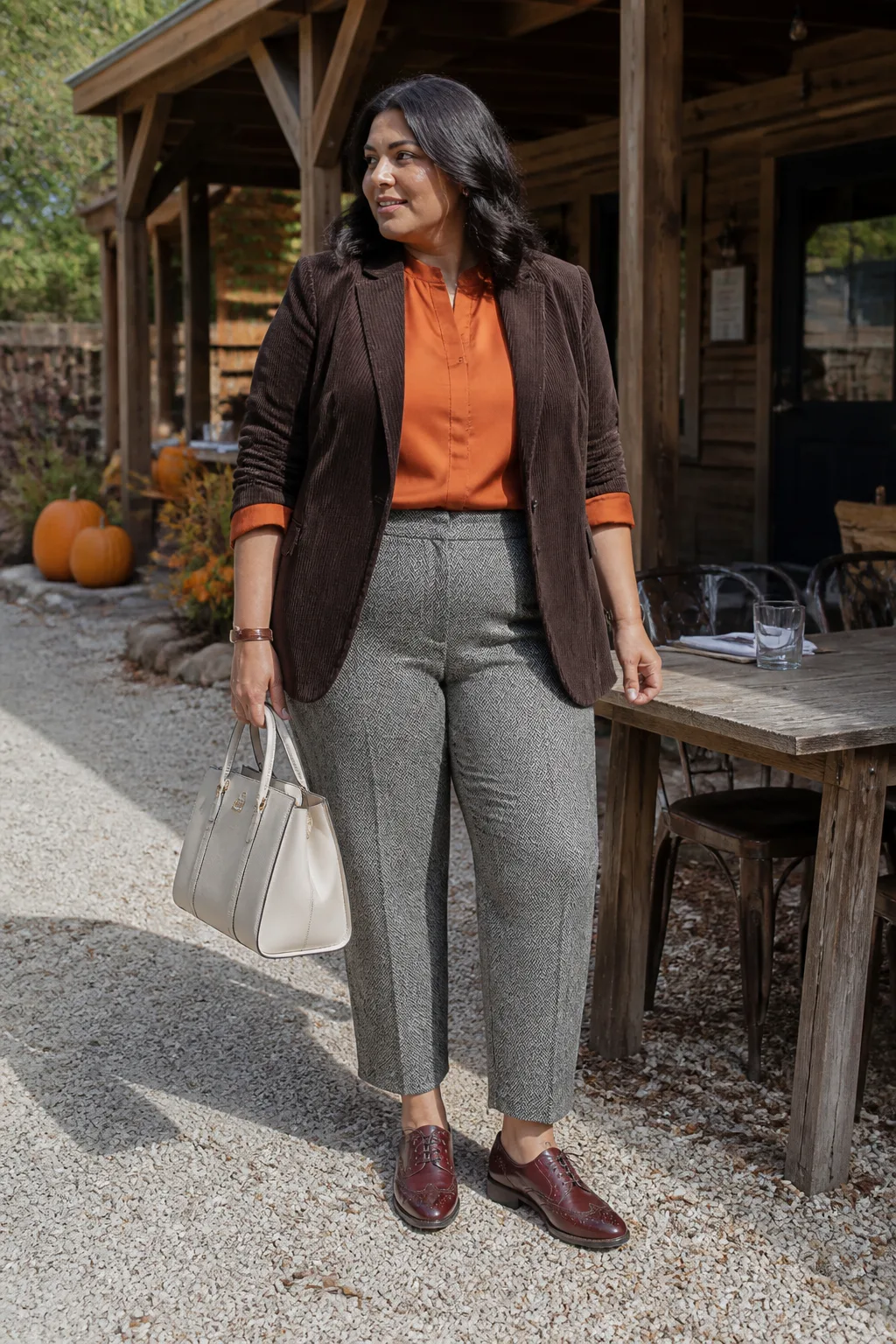 Chocolate Blazer, Pumpkin Blouse, and Herringbone Pants