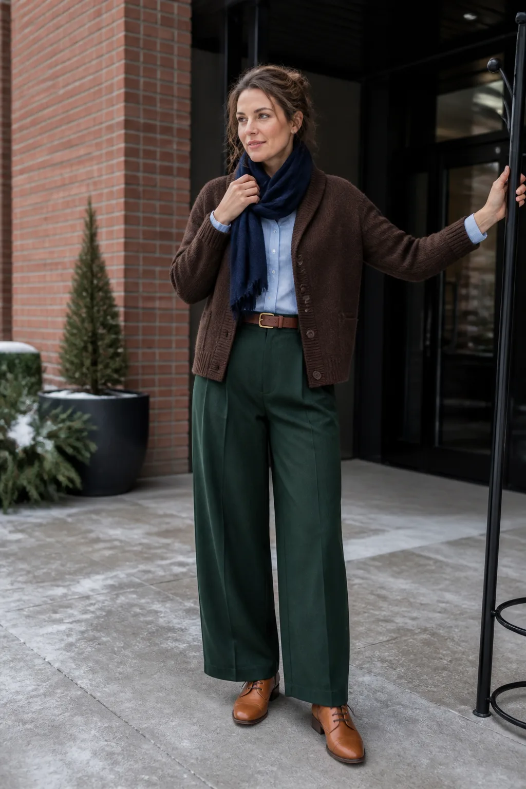 Chocolate Cardigan with Green Pleated Trousers