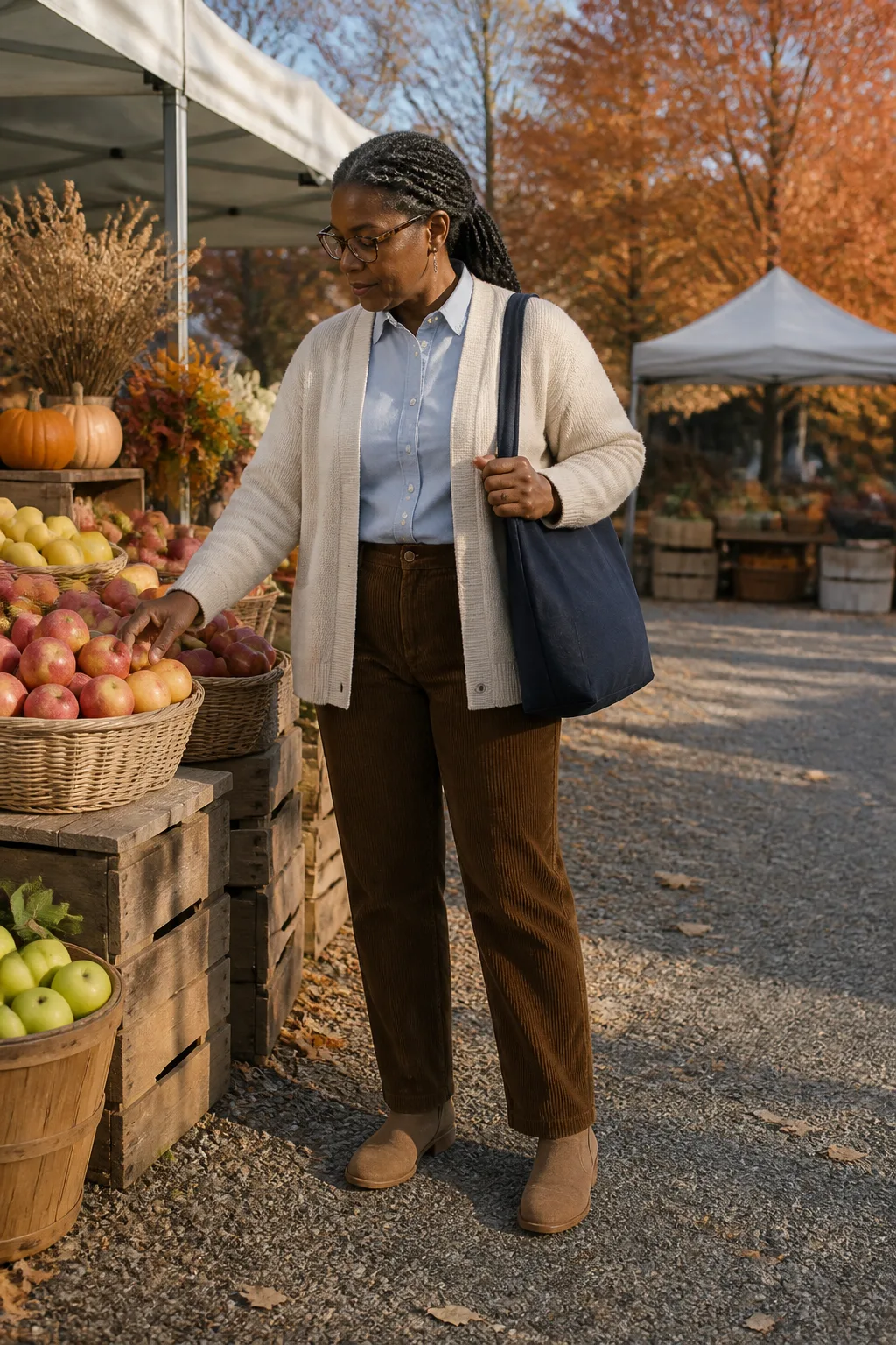 Chocolate Corduroy Pants with a Cream Cardigan