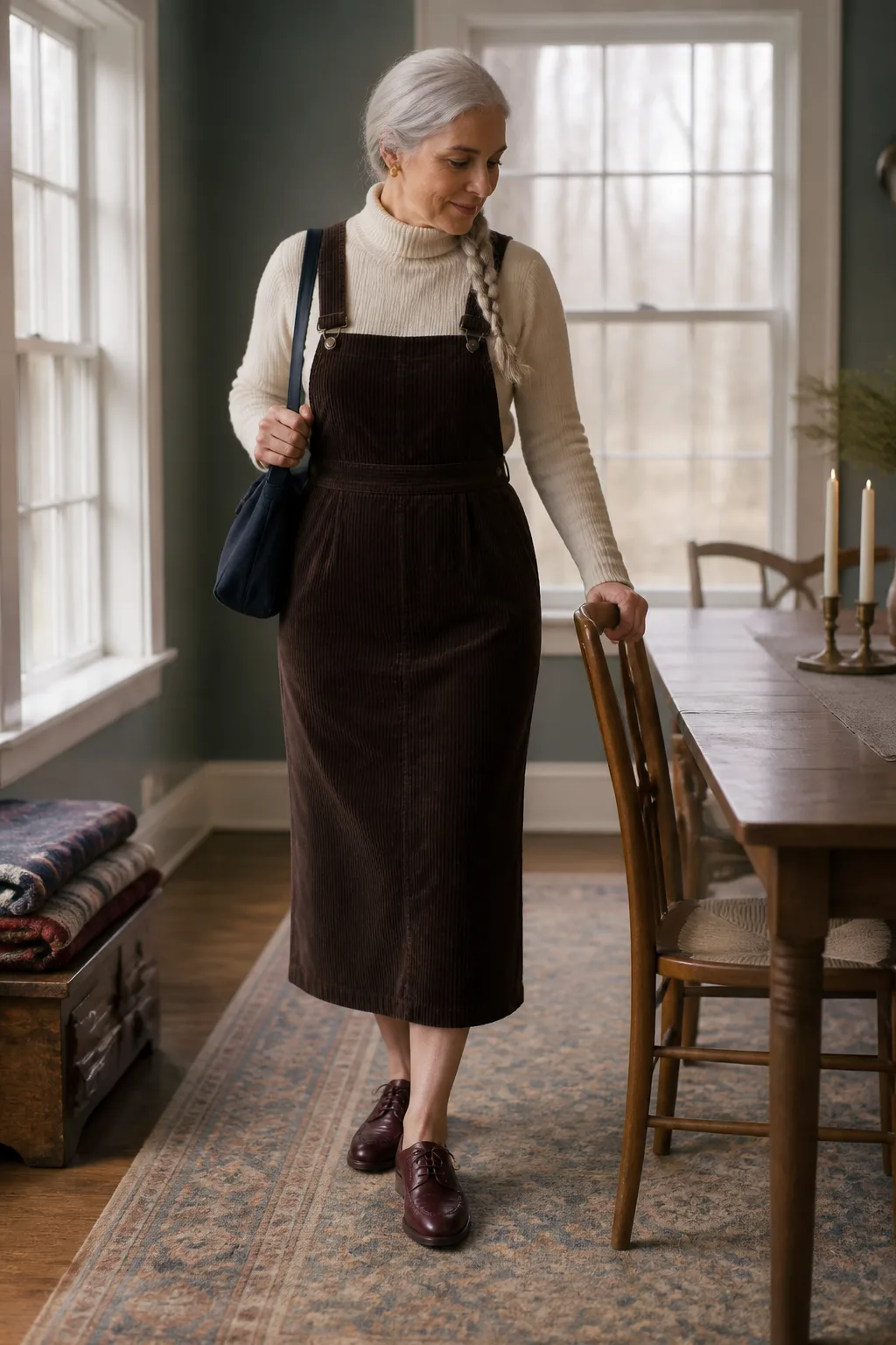 Chocolate Corduroy Pinafore Dress with a Turtleneck