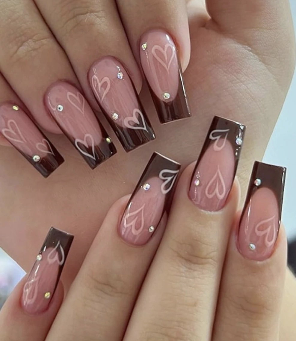 Chocolate French Tips with Heart Decals