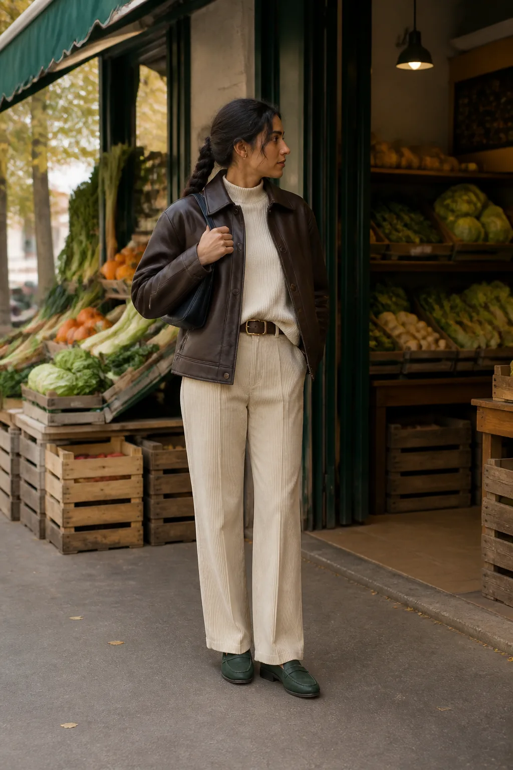Chocolate Leather Jacket with Ecru Trousers
