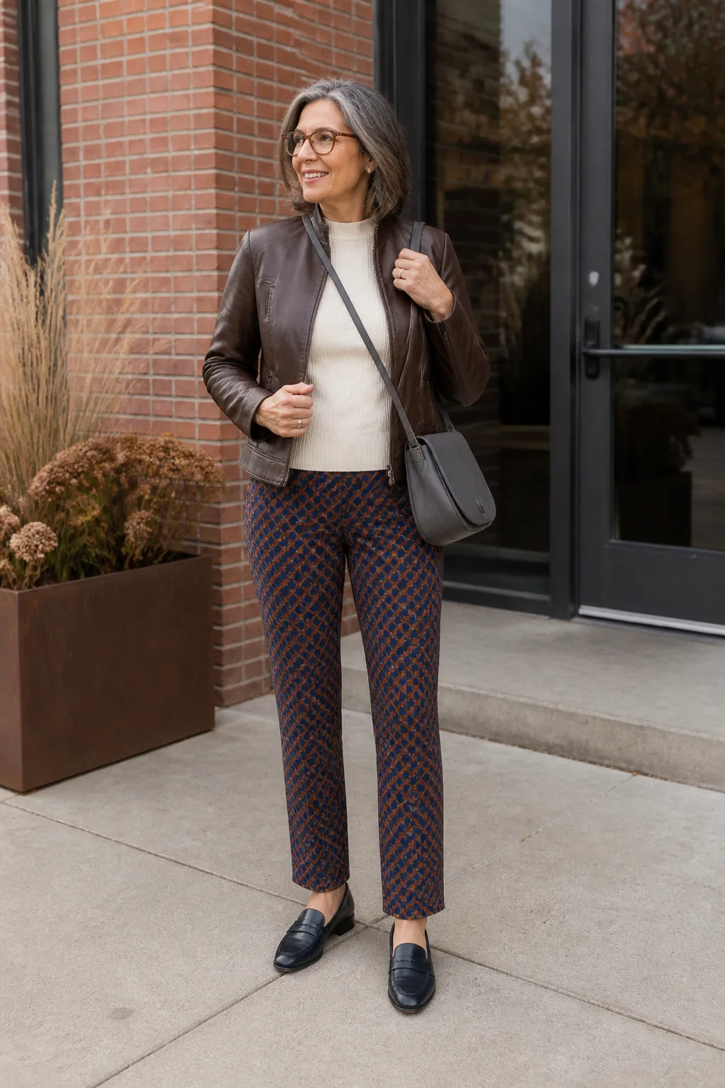 Chocolate Leather Jacket with Printed Trousers