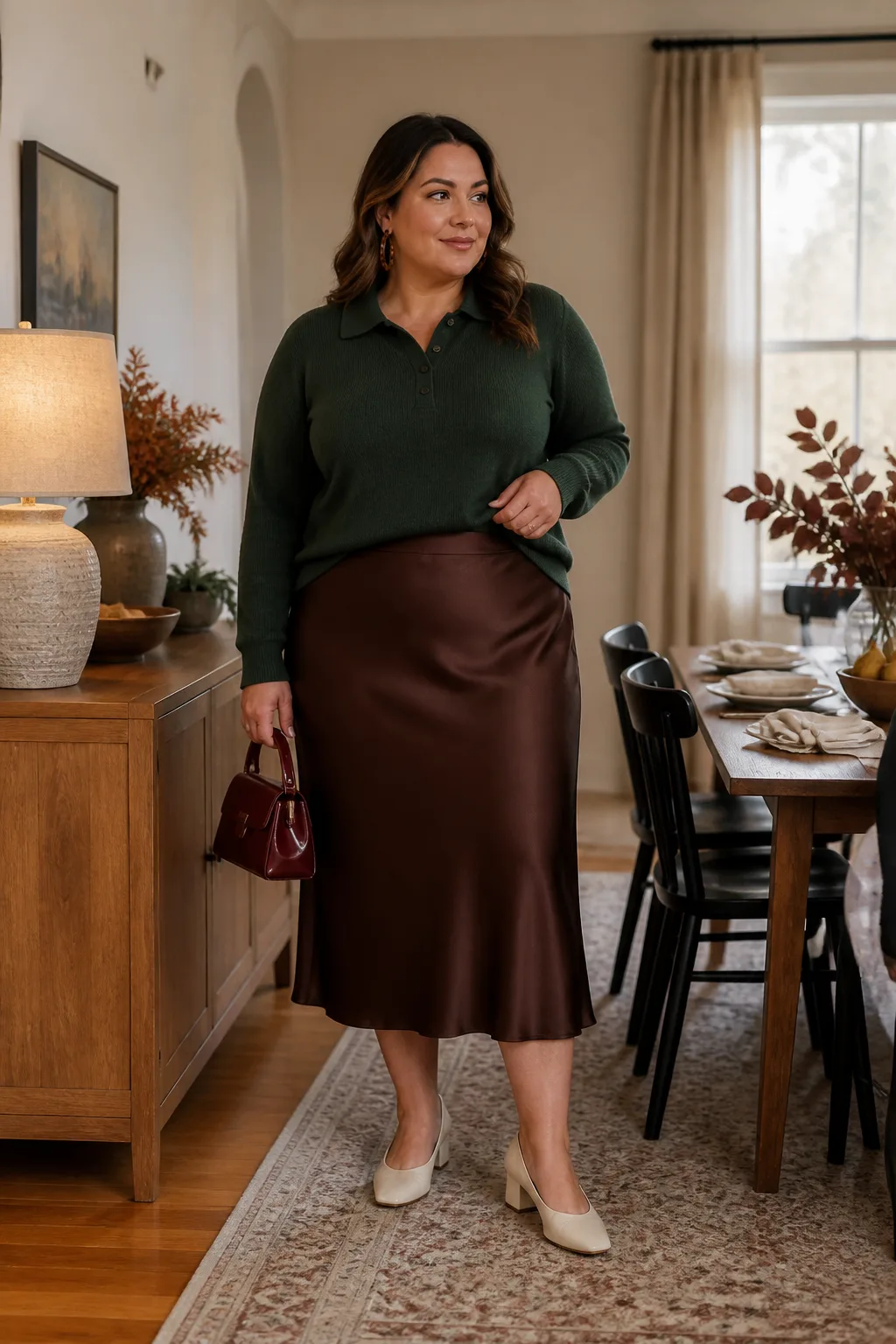 Chocolate Satin Skirt with Forest Knit Polo