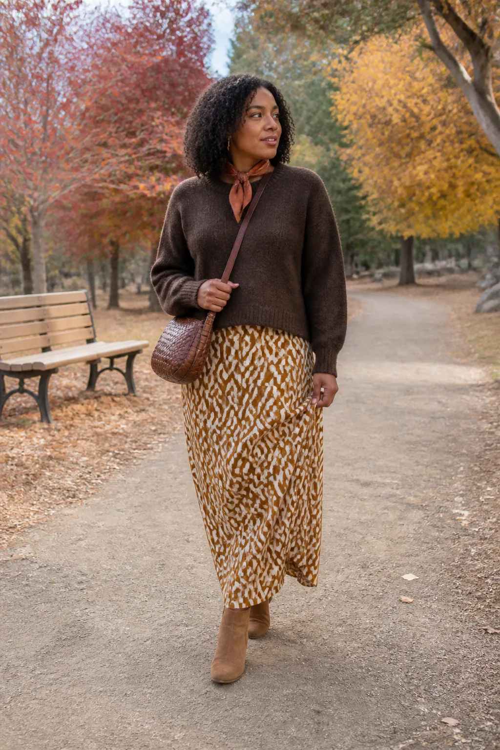 Chocolate Sweater with a Printed Maxi Skirt