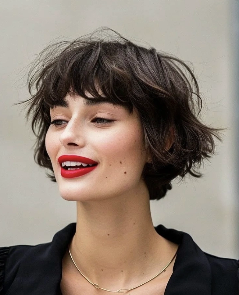 Choppy Brunette Asymmetrical Pixie with Baby Bangs