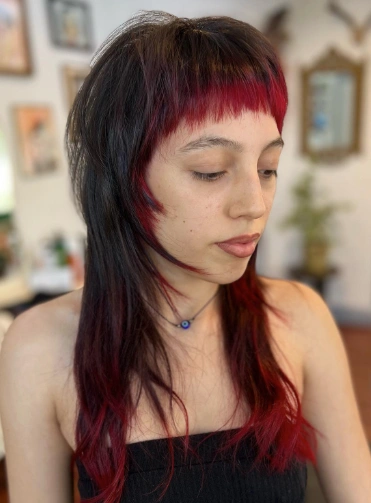 Choppy Mullet with Burgundy Peekaboo Highlights