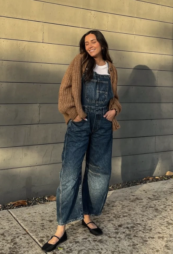 Chunky Knit Cardigan + Denim Overalls + Mary Janes