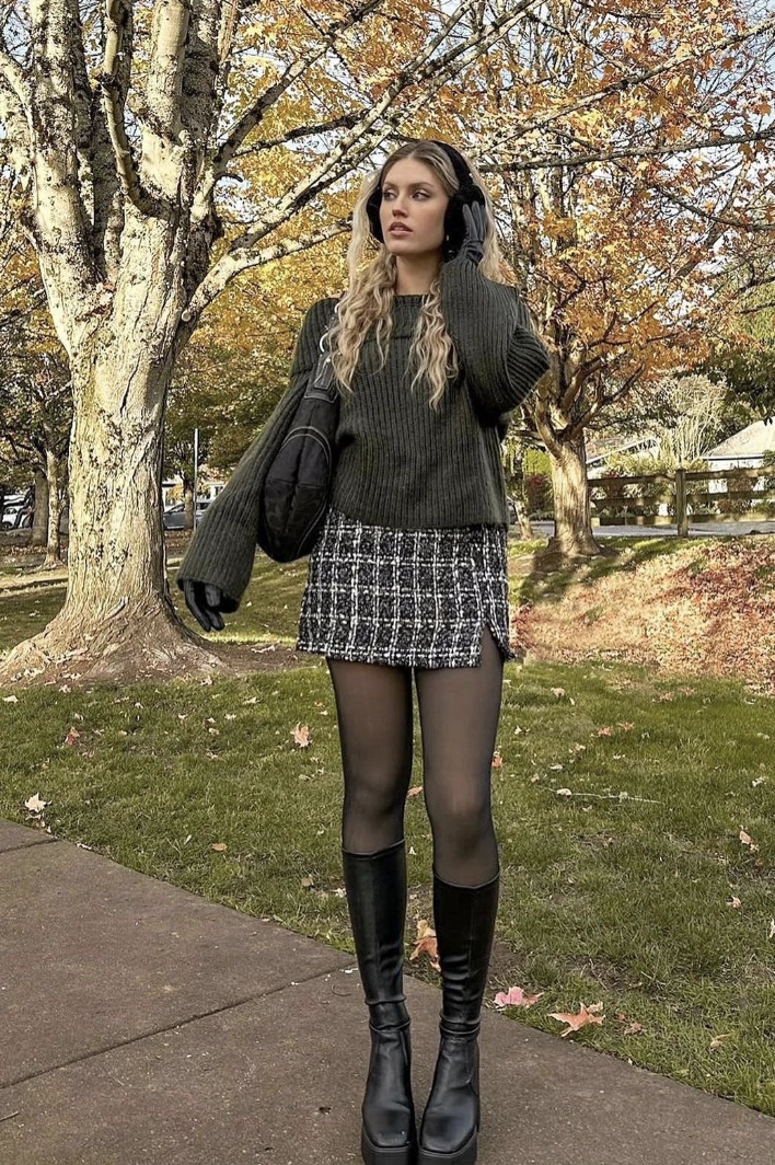 Chunky Olive Sweater + Tweed Mini Skirt + Black Knee-High Boots + Black Gloves