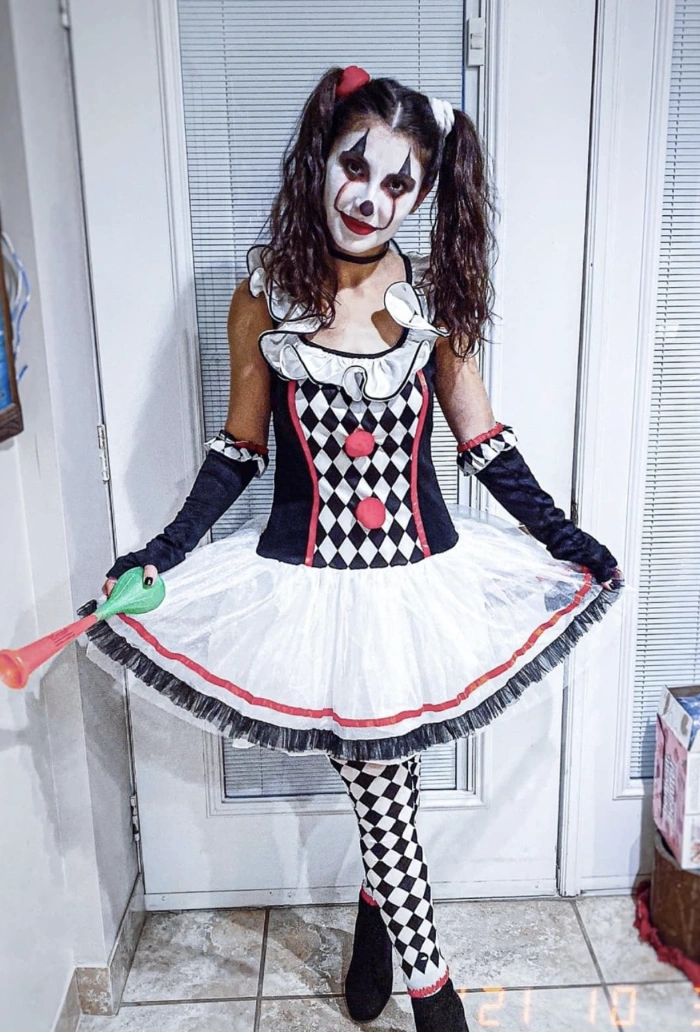 Clown Costume Dress + Black Fingerless Gloves + Black Tights + Red Pom-Pom Details + Halloween Makeup