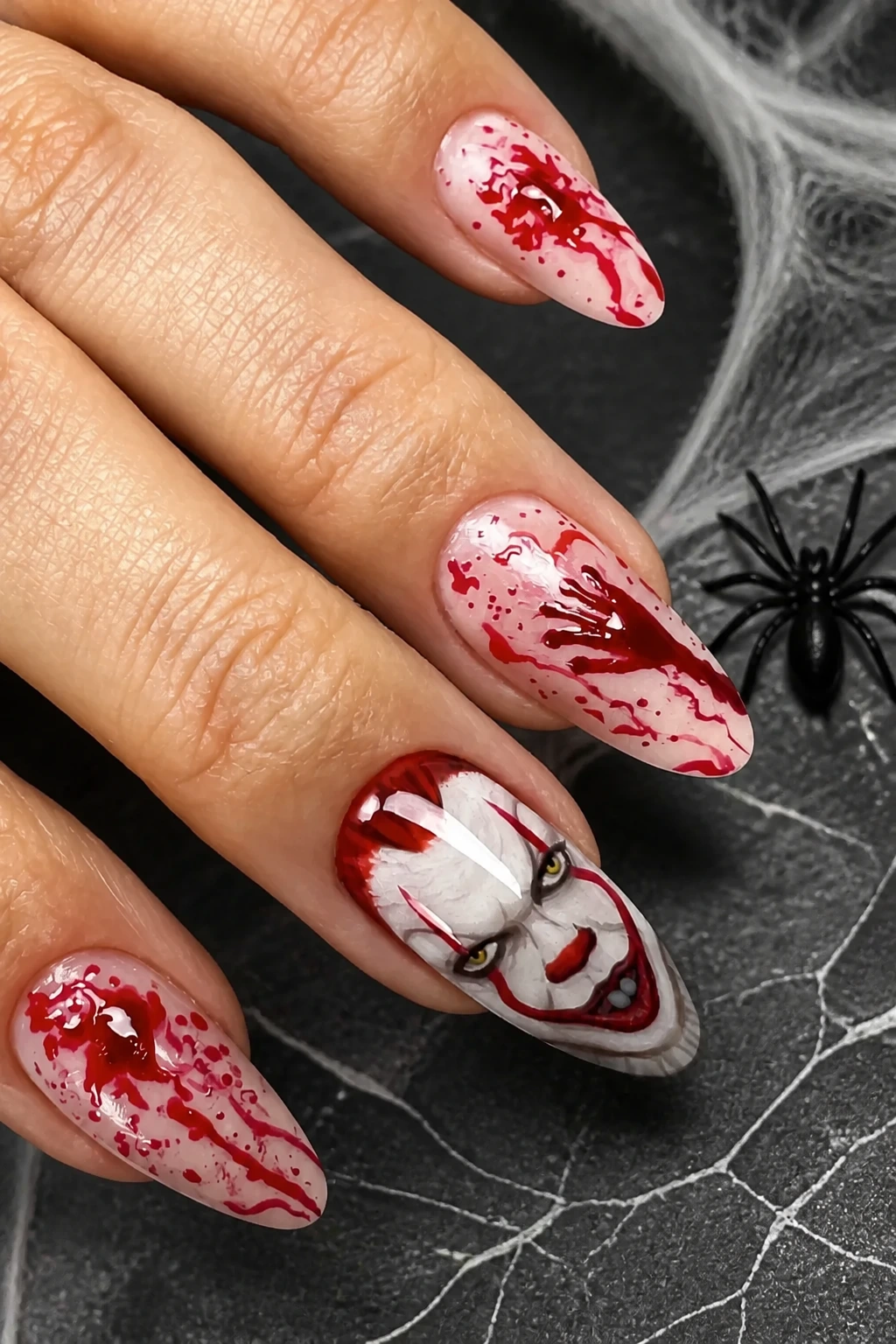 15- Clown Face Nails with Blood Splatter