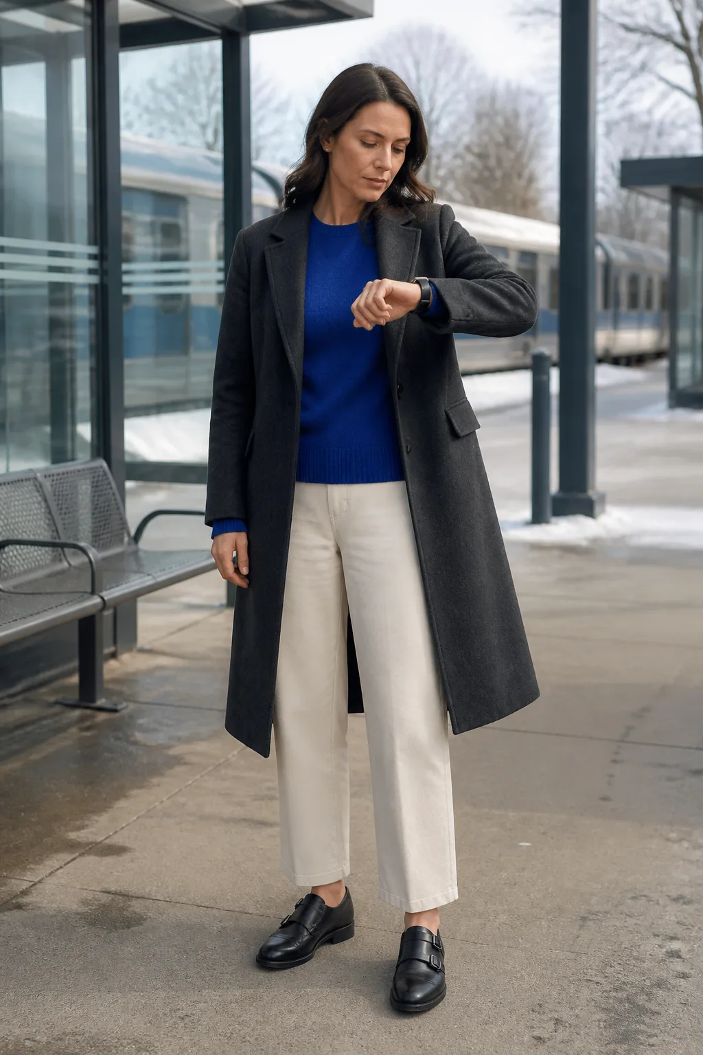 Cobalt Crew-Neck Sweater with Cream Trousers
