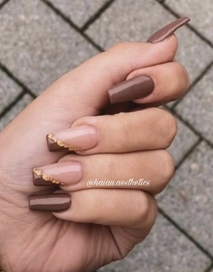 Coffin Brown Nails with Gold Flake Accent