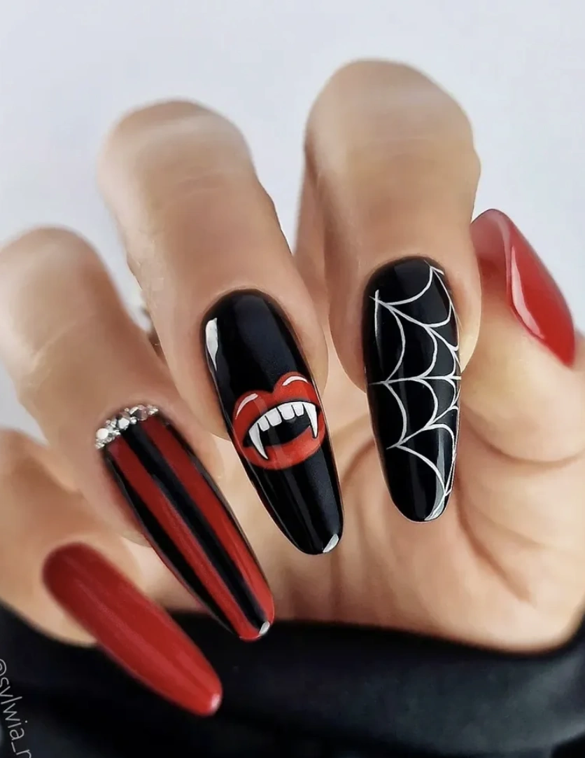 Coffin-Shaped Halloween Nails: Red, Black, and Vampy Details