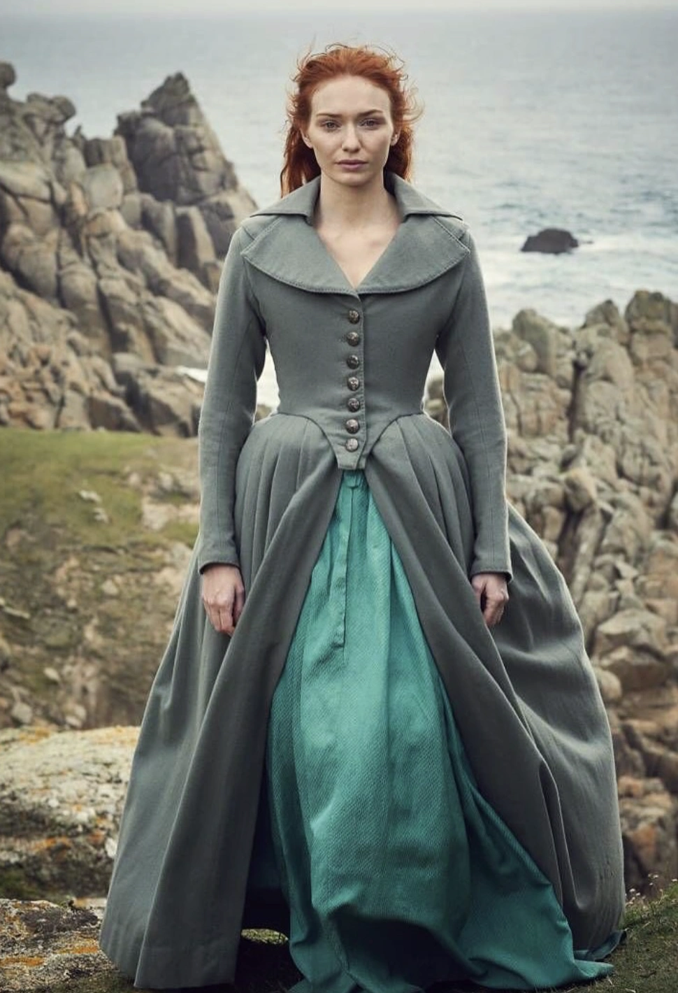 Colonial Revival: Grey Wool Dress with Teal Underlay