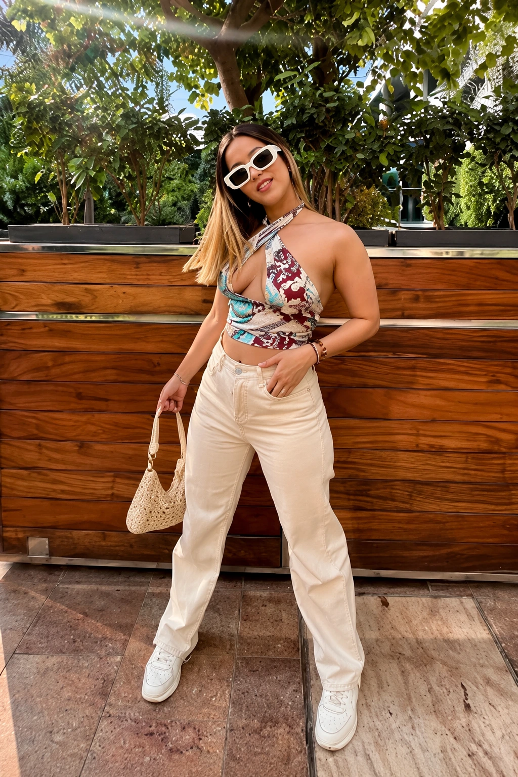 Colorful Halter Top + Cream Wide-Leg Trousers + White Sneakers